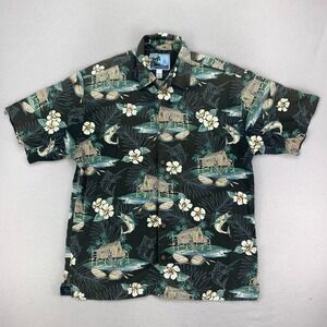 Vintage AFTCO Bluewater Aloha Camp‎ Shirt mens Large Black Reverse Print Floral